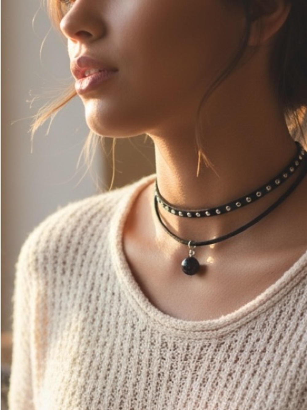 Black Layered Choker layered Necklace with Pendant -